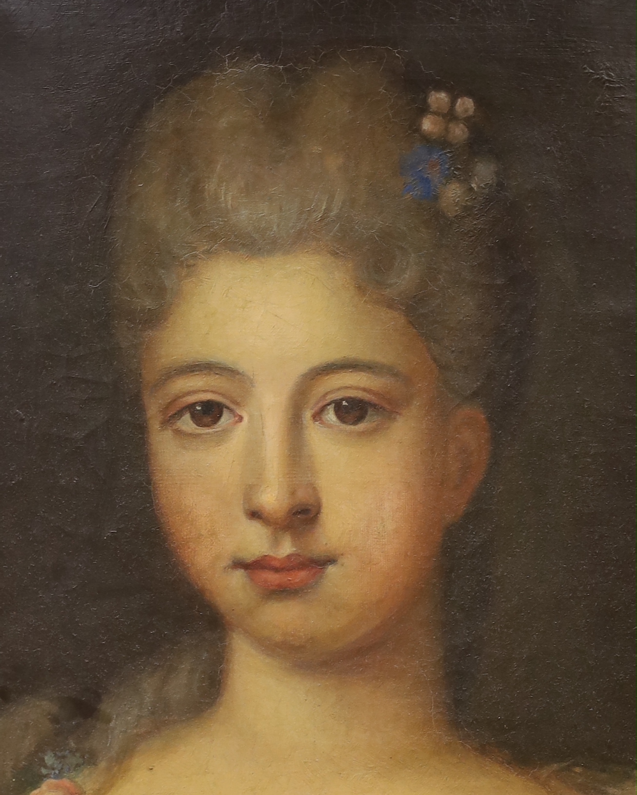 19th century French School, oil on canvas, Portrait of a young lady, canvas makers stamp verso, 33 x 27cm